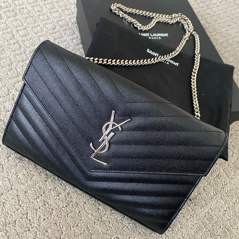 YSL MONOGRAM CHAIN WALLET IN GRAIN DE POUDRE EMBOSSED LEATHER